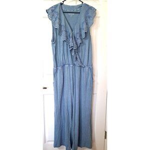 Soft Surroundings 1X Blue Sleeveless V-Neck Long Romper Eyelet Ruffle Cottage